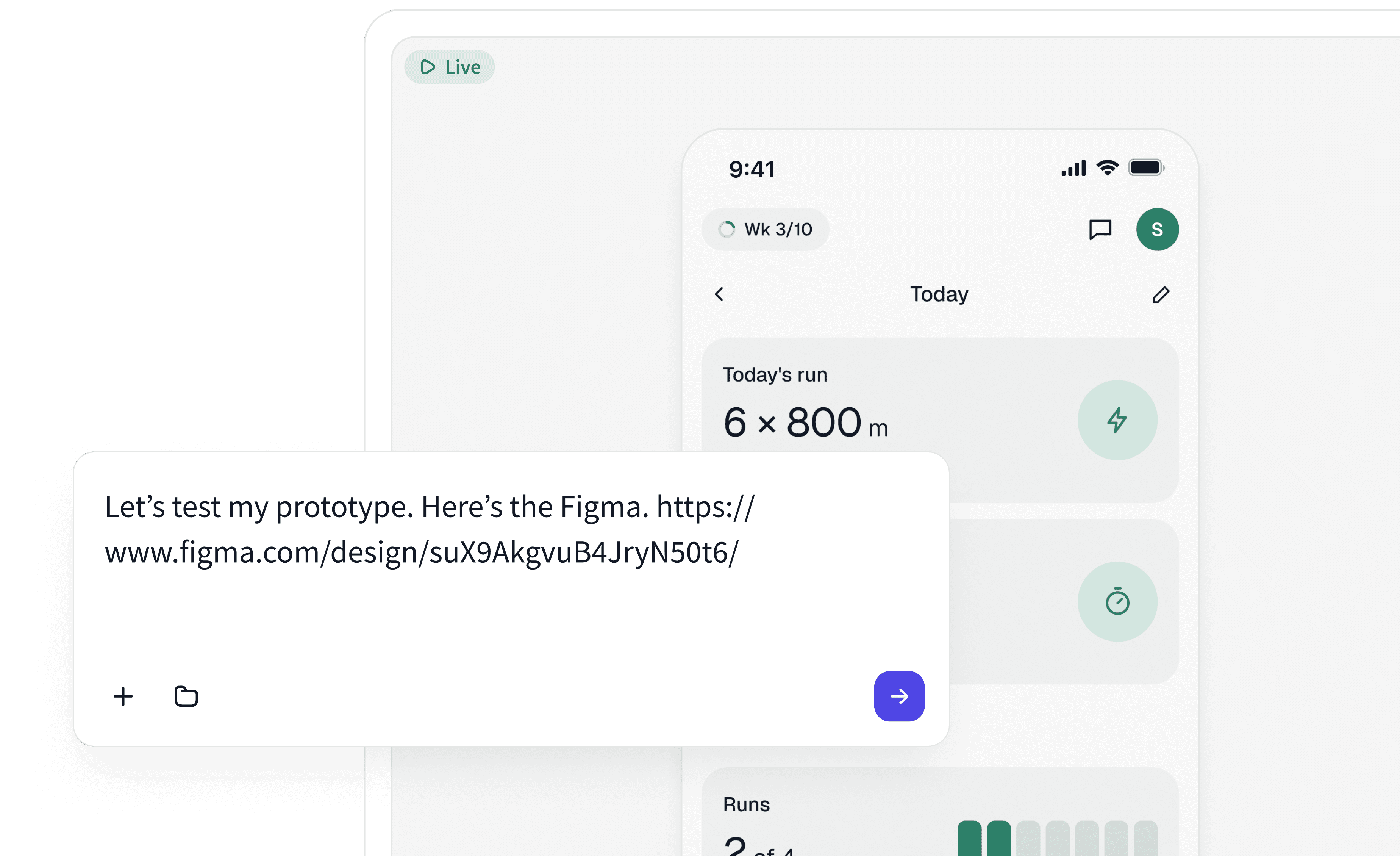 A task typed into Behavr with a Figma prototype link, next to the live prototype.