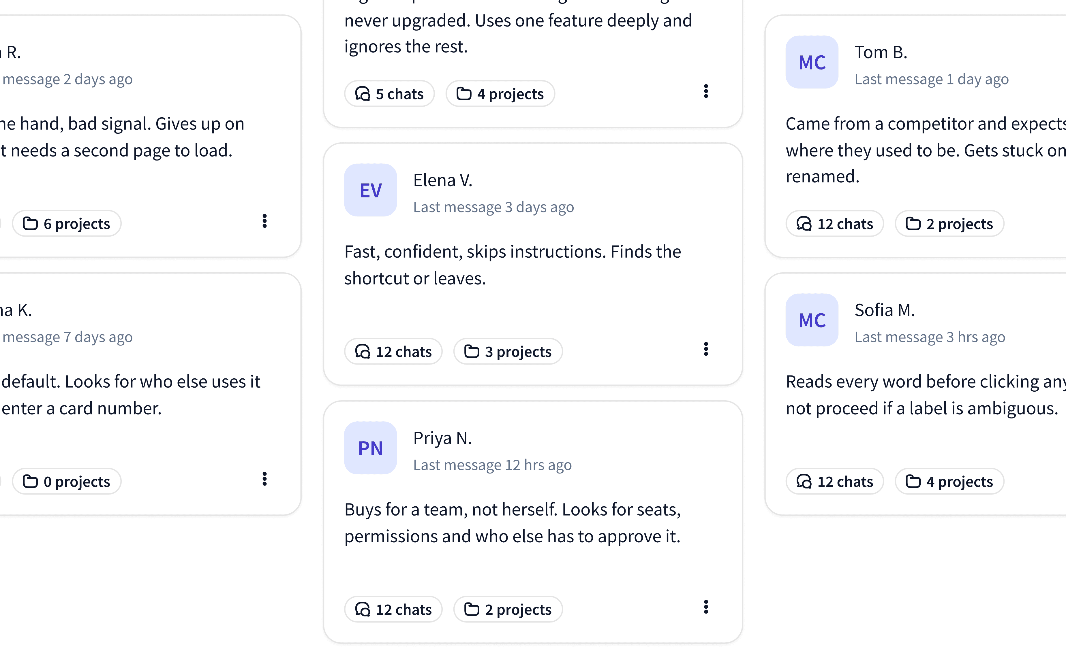 A list of saved personas with their sessions and projects.